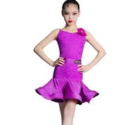 OTMYIGO Viola,160, Vestito Latino in Pizzo per Ragazze, Abito da Ballo Rumba Samba Gonna Abbigliamento da Ballo Moderno Costume da Ballo per Competizione