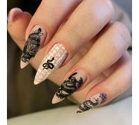 Ottenere uno stile glamour con kit di unghie finte in copertura totale con 24 pezzi di mandorla media stile giapponese retro nero opaco con lettere incise in stile gotico e disegni con motivi di serpe