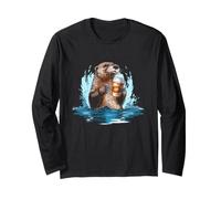 Otter Coffee Lover Cozy River Wildlife Mattina Opera d'Arte Maglia a Manica