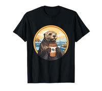 Otter Coffee Lover Cozy River Wildlife Mattina Opera d'Arte Maglietta