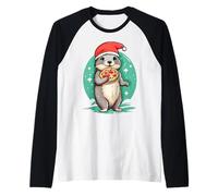 Otters Eating Pizza Santa Hat Xmas Christmas Otters Lover Maglia con Maniche Raglan