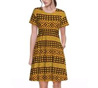 OTTKGGA Abito da donna a maniche corte giallo e marrone, con scollo rotondo, con tasche, casual, estive, vacanze e spiaggia, Nero , S