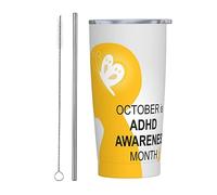 Ottobre è il mese della sensibilizzazione sull'ADHD Bicchiere nazionale con nastro arancione con coperchio e cannuccia Bicchiere da 20 once in acciaio inossidabile con isolamento sotto vuoto Tazze da