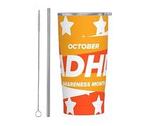 Ottobre è il mese della sensibilizzazione sull'ADHD Bicchiere nazionale con nastro arancione con coperchio e cannuccia Bicchiere da 20 once in acciaio inossidabile con isolamento sotto vuoto Tazze da