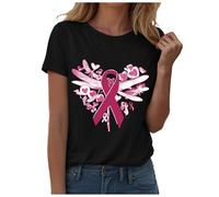 Ottobre Rosa T-Shirt Donna Cancro al seno T-shirt Donna Nastro Rosa T Shirt Rotondo Taglio Sciolto Ete Cuore Nastro Tshirt Sensibilizzazione al Cancro al Seno Ottobre, Le Noir #1, L