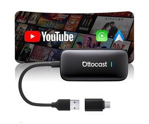 OTTOCAST Play2Video Ultra 2026 AI Box, Adattatore CarPlay Wireless e Android Auto, YouTube Prime Video Spotify, WiFi 6, 4GB+32GB, Plug & Play per Auto con CarPlay Cablato dal 2016