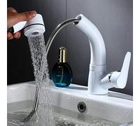 ottonato, rubinetto bagno con doccetta estraibile, rubinetto bagno lavabo, rubinetto miscelatore acqua calda, rubinetti bagno lavabo, miscelatore lavabo bagno, estensibile, estraibile -bianco
