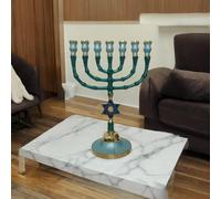 Ottone rame e smalto, Israele portacandele 10" Menorah Magen David Judaica re...