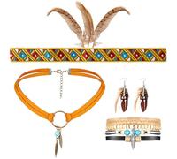 Otuuz 4 Accessori da Indiana per Donna 1 Fascia per Capelli con Piume 1 Orecchini Vintage Bohémien 1 Collana con Piuma in Pelle 1 Bracciale Tribale per Hippie Festa a Tema Carnevale