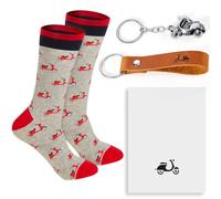 Otuuz Set di 4 Regali Moto Portachiavi con Ciondolo Moto in Metallo Portachiavi in Pelle Calzini con Design Motociclistico Scooter Biglietto di Auguri per Uomo Donna Compleanno(Rosso)
