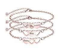 OTXIXTO 3 PZ Personalizzato Bracciali A Forma di Cuore Set Personalizzato 1～3 Nomi per Le Donne Amicizia BFF Bracciali per 3 Sorelle(Oro Rosa 3 PZ)