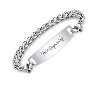 OTXIXTO Bracciali ID Personalizzato per Uomo/Donna Bracciale Maglie in Acciaio Inossidabile con Nome/Data/Testo Bracciale Personalizzato con Targhetta in Argento con 20.3cm Catena di Grano in Argento