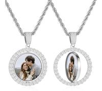 OTXIXTO Collana con Foto Personalizzata Collana con Ciondolo Girevole Rotondo/Cuore/ali d'Angelo in Oro Foto Personalizzate Fronte Retro Regalo per Uomo e Donna (F1, 22'')