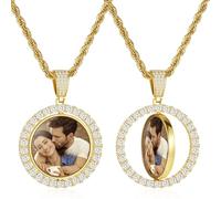 OTXIXTO Collana con Foto Personalizzata Collana con Ciondolo Girevole Rotondo/Cuore/ali d'Angelo in Oro Foto Personalizzate Fronte Retro Regalo per Uomo e Donna (F2, 30'')