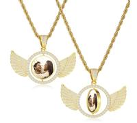 OTXIXTO Collana con Foto Personalizzata Collana con Ciondolo Girevole Rotondo/Cuore/ali d'Angelo in Oro Foto Personalizzate Fronte Retro Regalo per Uomo e Donna (H2, 18'')