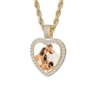 OTXIXTO Collana Hip Hop Personalizzata per Uomo Donna Collana Memoriale Personalizzata con Immagine Dentro/Testo Collane Ciondoli Foto Personalizzati (Pendente Oro Cuore, 20" catena)