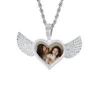 OTXIXTO Collana Hip Hop Personalizzata per Uomo Donna Collana Memoriale Personalizzata con Immagine Dentro/Testo Collane Ciondoli Foto Personalizzati (Pendente Ala D'angelo Argento Cuore, 22" catena)