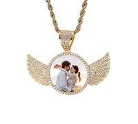 OTXIXTO Collana Hip Hop Personalizzata per Uomo Donna Collana Memoriale Personalizzata con Immagine Dentro/Testo Collane Ciondoli Foto Personalizzati (Pendente Ala D'angelo Oro Rotondo, 20" catena)