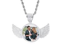OTXIXTO Collana Hip Hop Personalizzata per Uomo Donna Collana Memoriale Personalizzata con Immagine Dentro/Testo Collane Ciondoli Foto Personalizzati (Pendente Ala D'angelo Argento Rotondo, 20"catena)