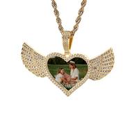 OTXIXTO Collana Hip Hop Personalizzata per Uomo Donna Collana Memoriale Personalizzata con Immagine Dentro/Testo Collane Ciondoli Foto Personalizzati (Pendente Ala D'angelo Oro Cuore, 22" catena)