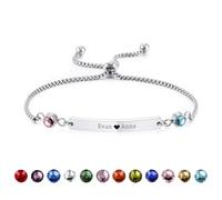 OTXIXTO Personalizzato Nome Bracciale con 2 Pietra di Nascita Regolabile Acciaio Inossidabile Barra Bracciale con Incisi Nome/Data Customizzata Targhetta Bracciale per Donna Madre Fidanzata (Argento)