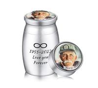 OTXIXTO Personalizzato Piccolo Supporto per Ceneri di Coperchio in Vetro per Urna in Alluminio con Foto/Nome Inciso Ricordo delle Ceneri per Cane Gatto Animale Umano (Argento)