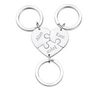 OTXIXTO Portachiavi Pezzo Puzzle a Cuore Argento Personalizzato Portachiavi Ciondolo Puzzle a Cuore Personalizzato con 3 Nomi Set di Portachiavi Incisi in Acciaio Inox per Coppie Sorelle Amici Regali