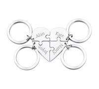 OTXIXTO Portachiavi Pezzo Puzzle a Cuore Argento Personalizzato Portachiavi Ciondolo Puzzle a Cuore Personalizzato con 4 Nomi Set di Portachiavi Incisi in Acciaio Inox per Coppie Sorelle Amici Regali