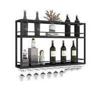 OUBBDVRT Porta vinicola industriale montato a parete con scaffale in legno in legno a 2 livelli e vetro in metallo in vetro display multi funzionale per la sala da pranzo bar cucina 160 × 20 × 65 cm