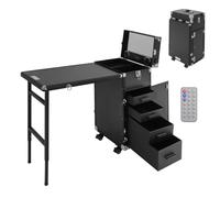 OUBUBY Custodia per trucco 2 in 1, con ruote e 4 cassetti, in alluminio, multifunzione, con trolley, Nero , Valigetta cosmetica 2 in 1