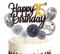 Ouceanwin Decorazioni per Torta di Compleanno 15 anni Ragazza Ragazzo, Nero Oro Toppers per Torta Happy 15th Birthday, Cake Topper Nero Palloncini Coriandoli per 15 anni Bambini Feste di Compleanno