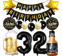 Ouceanwin Kit Decorazioni Compleanno 32 Anni - Palloncini Numero Nero, Bottiglia Vino e Birra per Feste Uomo e Donna