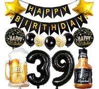 Ouceanwin Kit Decorazioni Compleanno 39 Anni - Palloncini Numero 39 Nero, Bottiglia Vino Birra per Feste di Compleanno Uomo Donna