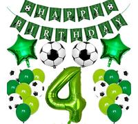 Ouceanwin Palloncini Compleanno Calcio 4 anni Bambini, Palloncini a Elio Calcio Verdi Palloncino Numero 4, Bandierina Buon Compleanno per 4 anni Decorazioni di Feste di Compleanno Addobbi