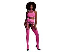 Ouch! Glow in the Dark Two Piece with Crop Top and Stockings Neon Pink S/M/L