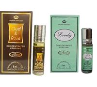 Oud Rose & Lovely - Olio profumato concentrato, confezione da 2, lunga durata, senza alcol, per uomini e donne, 6 ml per roll-on