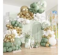 Ouddy Party Kit di 149 ghirlande ad arco a palloncino verde salvia oro bianco e oro diverse dimensioni 45,7 cm, 6 palloncini da 45,7 cm trasparenti metallizzati oro coriandoli per baby shower