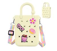Oudizz Mini borsa tote in gomma, borsa da spiaggia in silicone per bambina e donna, borsa carina con 20 charms e tracolla regolabile (bianco sporco)