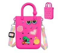 Oudizz Mini Tote Bag in gomma, Tote da spiaggia in silicone per bambina e donna, simpatica borsa con 20 charms e tracolla regolabile (Hot Pink)