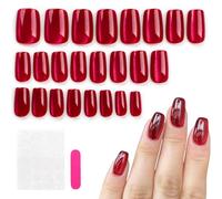OUDQFCJ 24 pezzi Unghie Finte Rosse Adesive Gel Nail Stickers, Unghie Finte Natale Corte Quadrate, Press on Nails per Ragazze Donna, Copertura Completa per Natalizie Halloween DIY (corte quadrate)