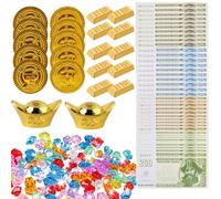 OUDQFCJ 92 Pezzi Monete d'Oro Pirata Gemme per Bambini Lingotti d'Oro Banconote Finte Tesoro Pirata per Caccia al Tesoro Feste Compleanno Decorazioni Festa Pirati