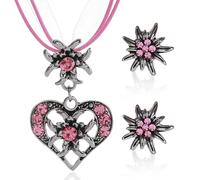 OUDQFCJ Set di Gioielli Tradizionali per Donna con Ciondolo a Cuore Edelweiss e Orecchini Rosa - Accessori per Dirndl per l'Oktoberfest