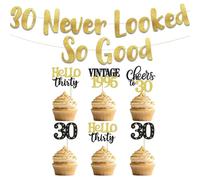 OUDQFCJ Striscione Glitterato '30 Never Looked So Good' e 24 Topper per Torta, Eleganti e Divertenti per il 30° Compleanno, 30 Anni per Donna e Uomo, Gadget Compleanno, Decorazioni per Feste (Oro)