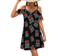 Oudrspo Abito da Donna Born to Ice Skate con Spalle Scoperte, Maniche Corte e Volant, Linea ad A