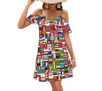 Oudrspo Abito da Donna con Spalle Scoperte, Maniche Corte e Volant, Linea ad A, con Bandiere dei Paesi del Mondo