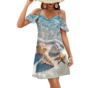 Oudrspo Abito da Donna con Spalle Scoperte, Maniche Corte e Volant, Linea ad A, con Stelle Marine e Conchiglie sulla Spiaggia.