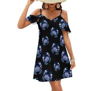 Oudrspo Abito da Donna con Spalle Scoperte, Maniche Corte e Volant, Modello a Trapezio, con Stampa Granchio in Stile Cinese.