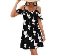 Oudrspo Abito da Donna Silly Goose Bathroom con Spalle Scoperte, Maniche Corte e Volant, Linea ad A