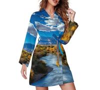 Oudrspo Accappatoio da donna con stampa di montagne del New Mexico, lunghezza al ginocchio, con cintura in vita.