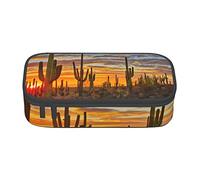 Oudrspo Astuccio per cancelleria durevole stampato con cactus al tramonto nel deserto con scomparto con cerniera Astuccio portatile di grande capacità